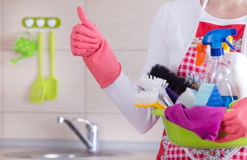 Cleaning supplies arranged neatly for a scheduled property cleaning